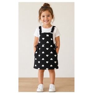 Jenna & Jessie Black White Heart Print Pinafore Overall Dress Kids Size 4